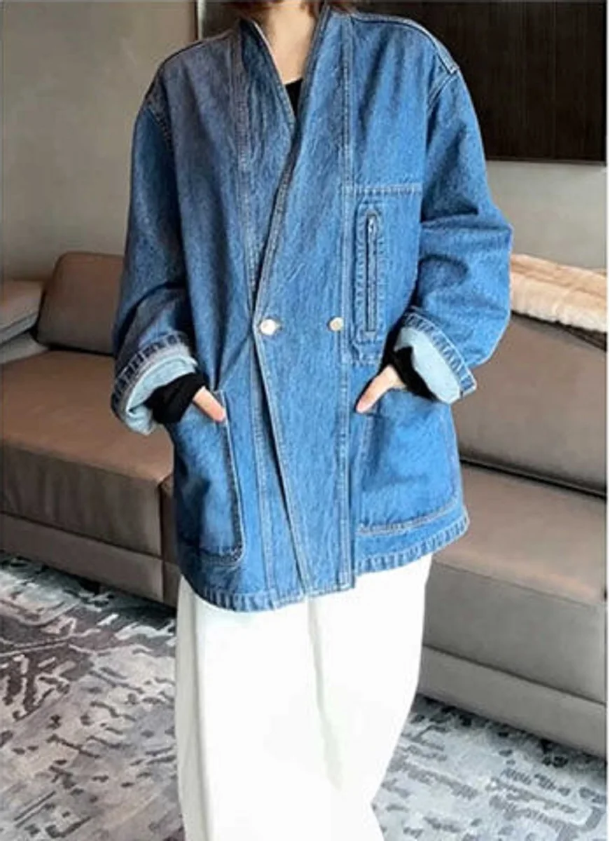 

American Retro Design Denim Jacket Women Early Autumn New Lazy Style High-End Casual Stand Collar Long-Sleeved Top