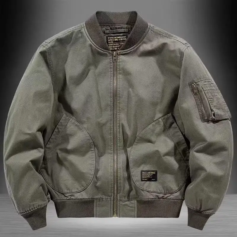 Retro American Style Pilot Jacket Men's Large Pocket Zipper Stand Collar Workwear Baseball Coat Youth Trend Autumn Winter Out...