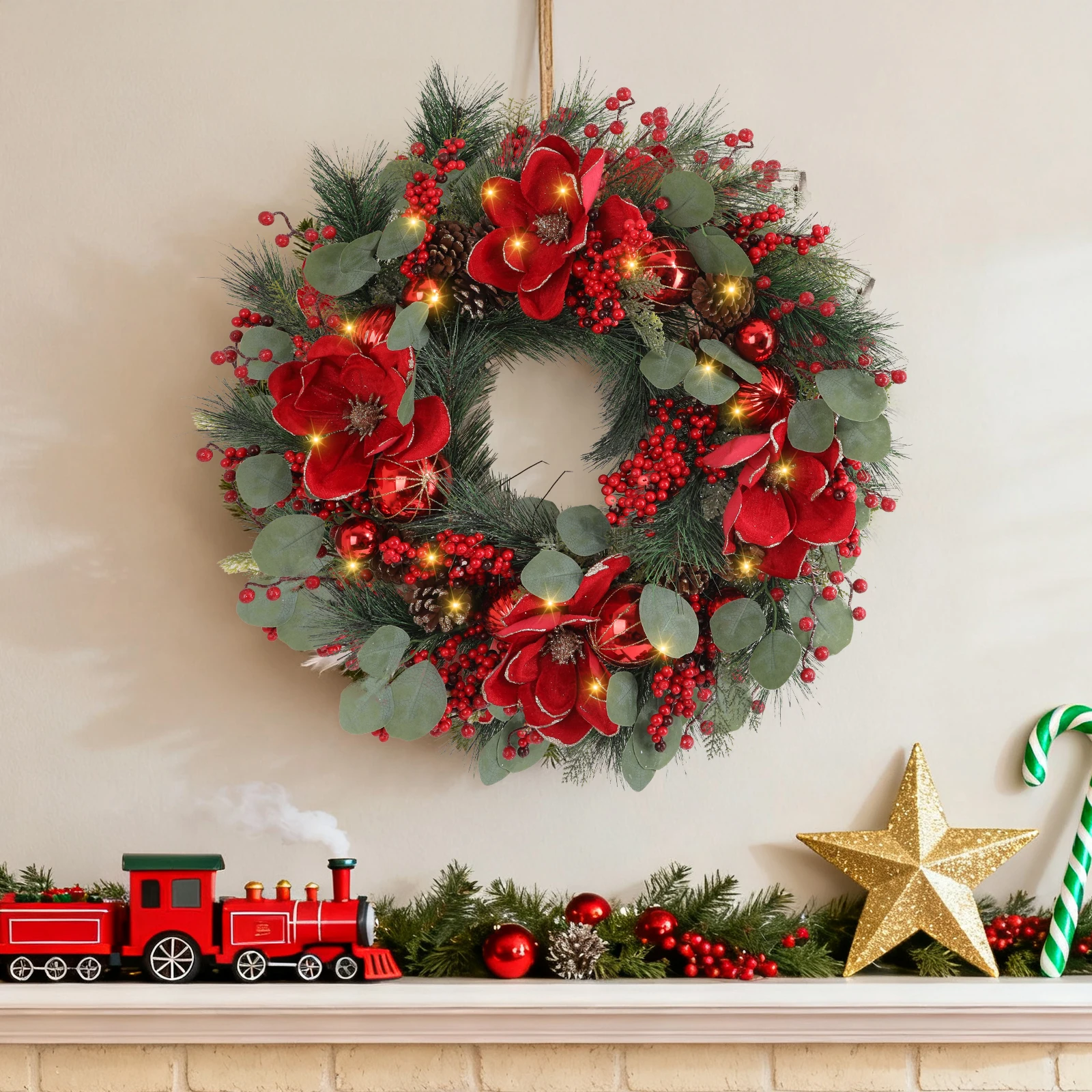 

24" Artificial Christmas Wreath Mixed Berry, Pinecone & Poinsettia Decor All-Weather Outdoor & Front Door Holiday Decoration