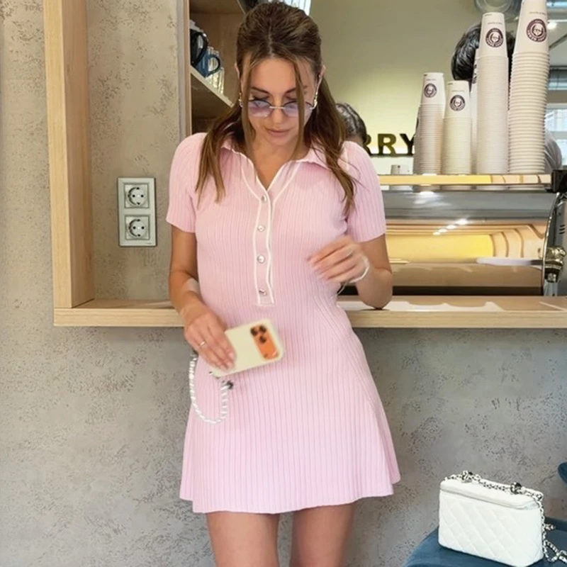 Ticketsx Women's Fashion Knit Dress Summer Lapel Contrast Button Ribbed Patchwork Slim Dress Elegant New Commute Street Vestidos