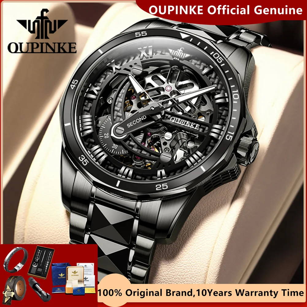 OUPINKE Tungsten Steel Holllow Men\'s Watches Swiss Luminous 5bar Waterproof Luxury Brand Automatic Mechanical Watch for Men 3178