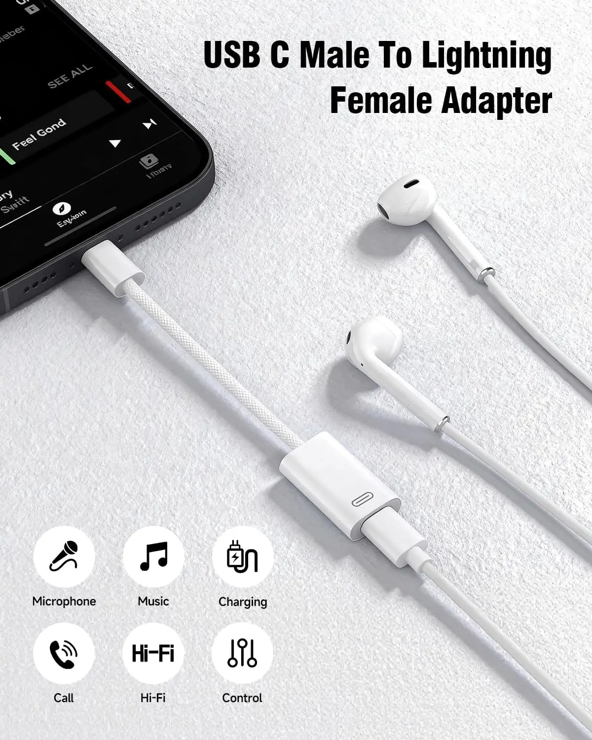 USB-C Adapter | Type-C to Lightning Earphone Converter, Charging/Data Transfer, Works with iPhone, iPad, MacBook (2 Pack)