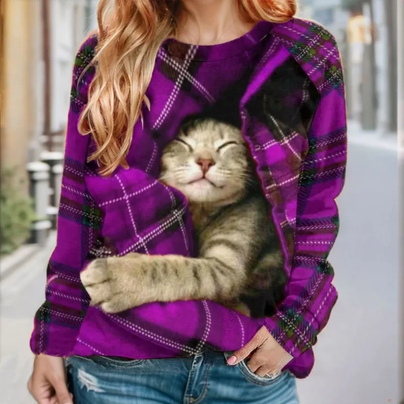 Autumn Winter Women's Pullover Round Neck Striped Animal Solid Geometric Long Sleeved T-shirt Hoodies Fashion Casual Loose Tops