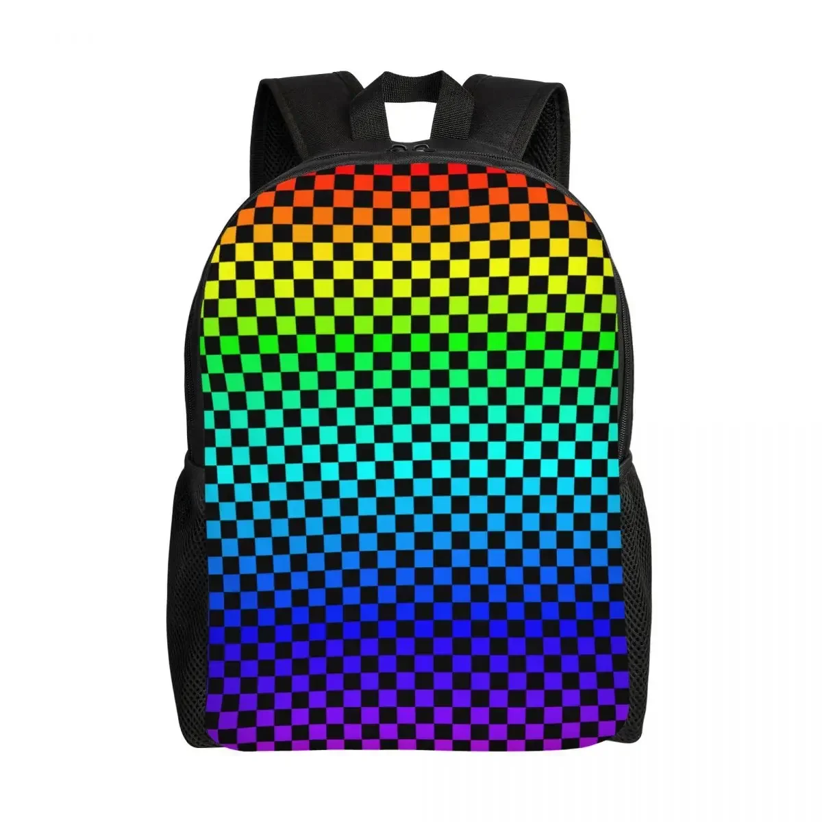 Personalized Black And Rainbow Squares Pattern Checkered Flag Backpacks Men Women Fashion Bookbag for School College Bags