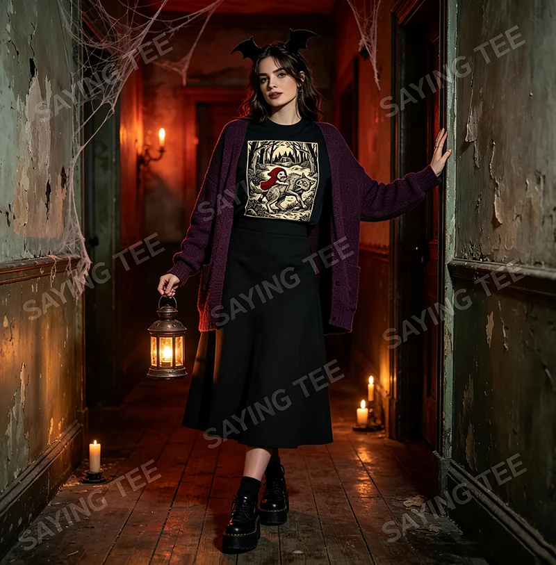 Rotkäppchen Humor ausgewickelte Geschichten T-Shirt Halloween-Kostüm Y2K Twisted Fairy Tale Holzschnitt-Grafik-T-Shirt Neuheit – Detail 4