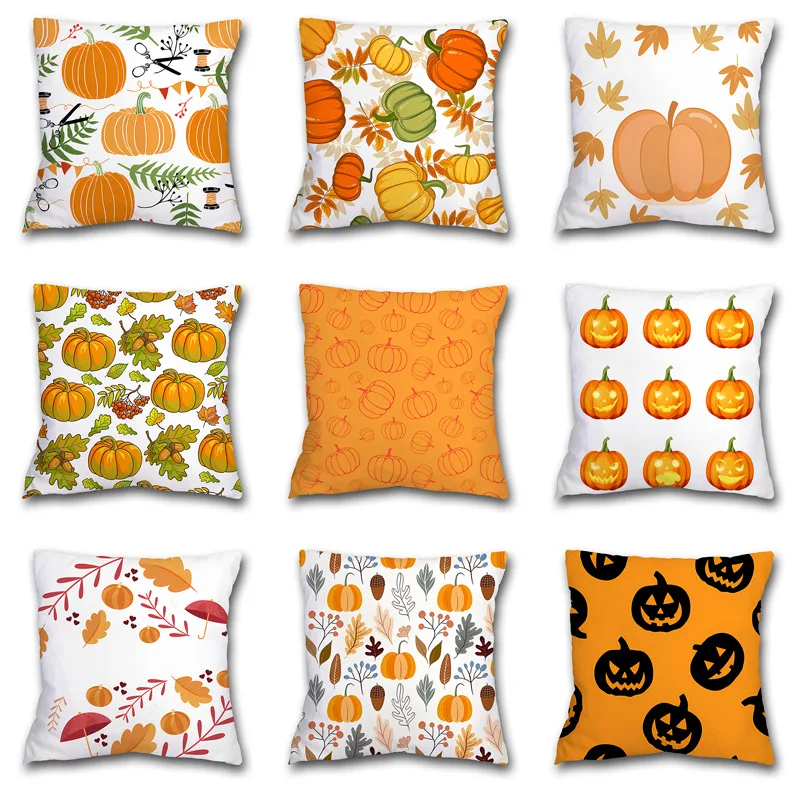 

Halloween Maple Leaf Pumpkin Throw Pillow Cover Home Headrest Cushion Peach Skin Printing Pillow Cover