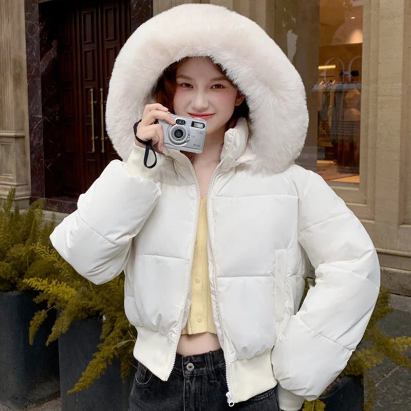 Winter Women Cropped Fur Collar Jacket Women Y2K Korean Streetwear Short Down Cotton Parkas Trendy All Match Cotton Coat Woman