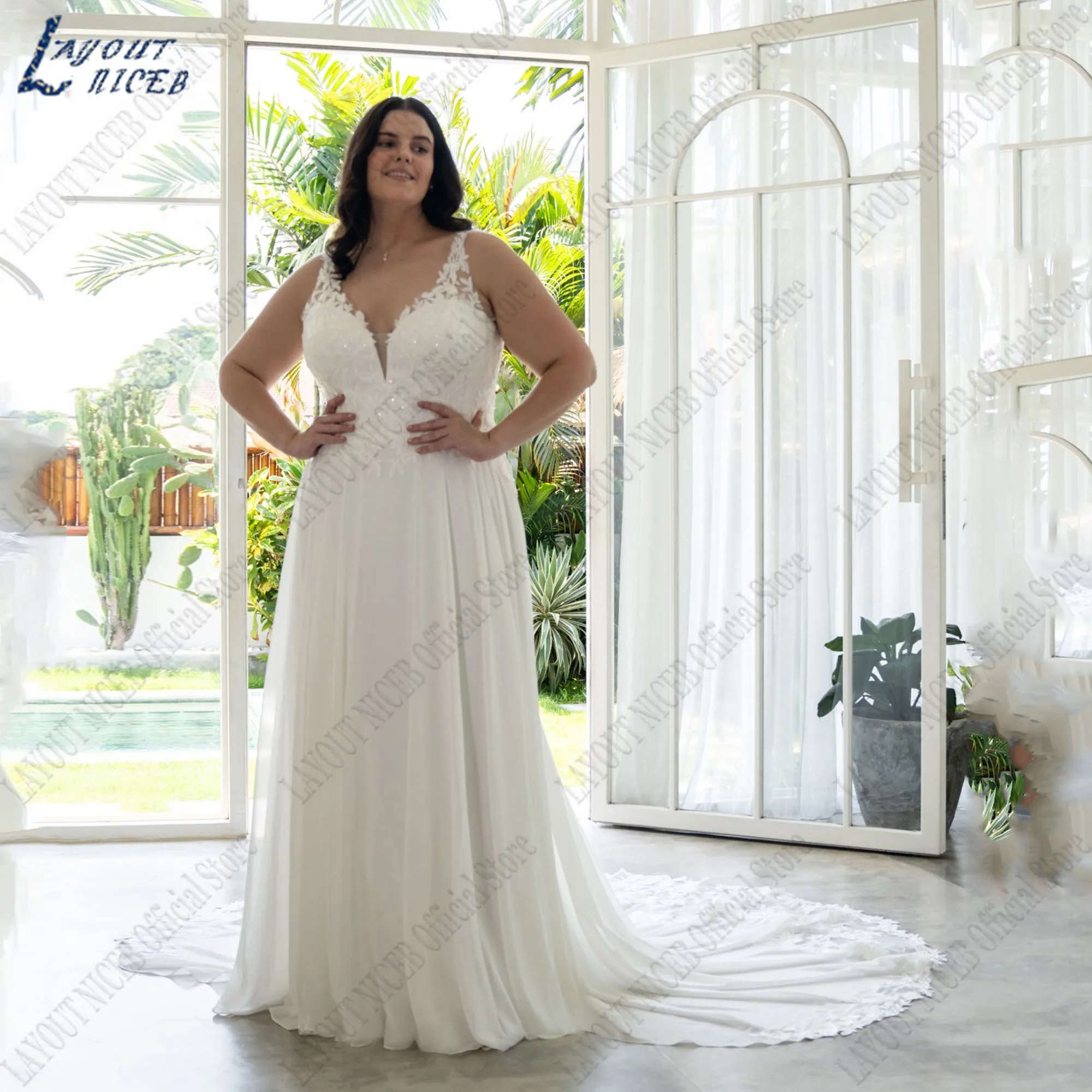 

LAYOUT NICEB Sequin A-Line Wedding Dress Plus Size Woman V-Neck Sleeveless Bride Gowns Applique Luxury Vestidos De Novia 2024