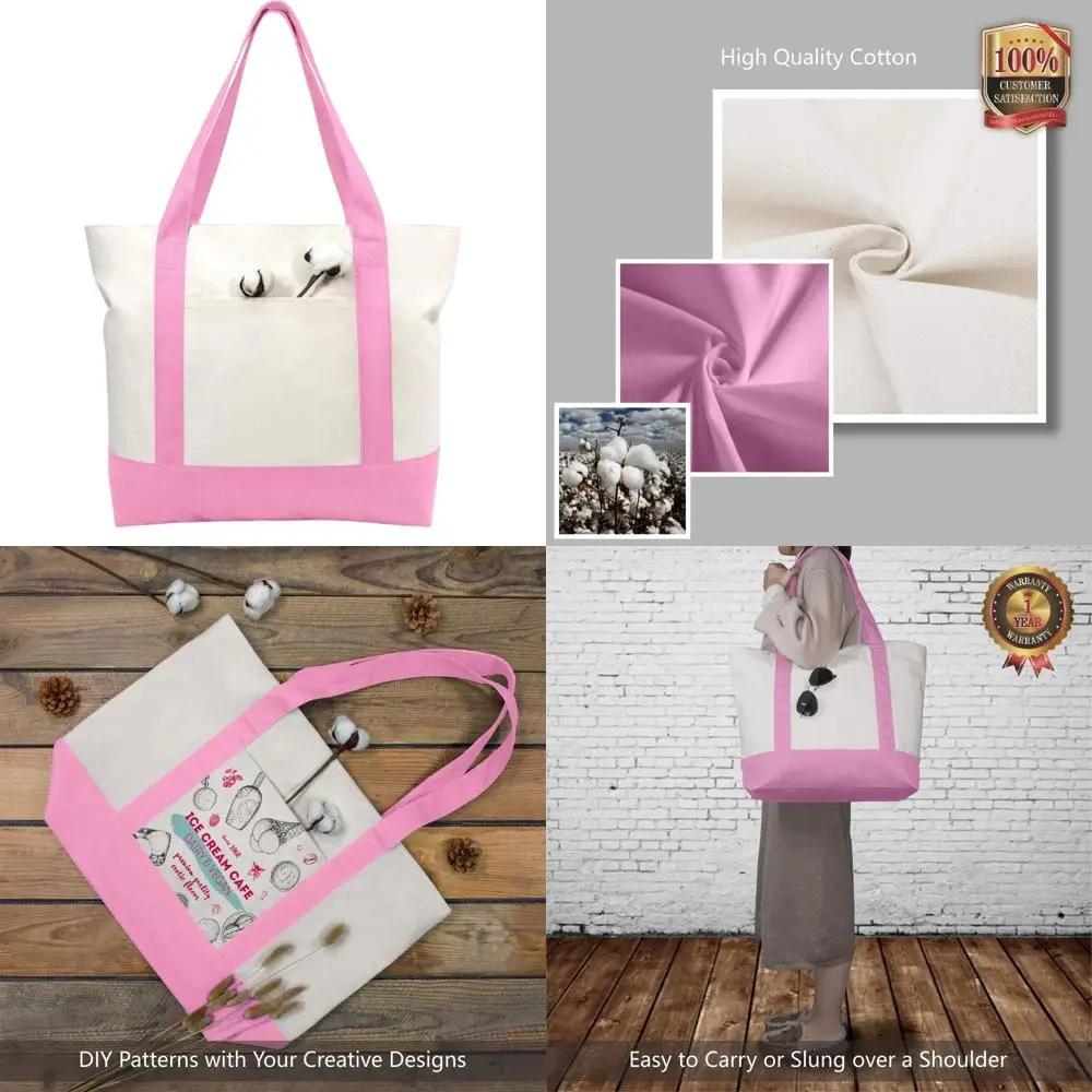 

6-Pack Canvas Tote Bags with External Pocket, Reusable Grocery Bags, Top Zipper Closure, Daily Essentials - Pink/Natural