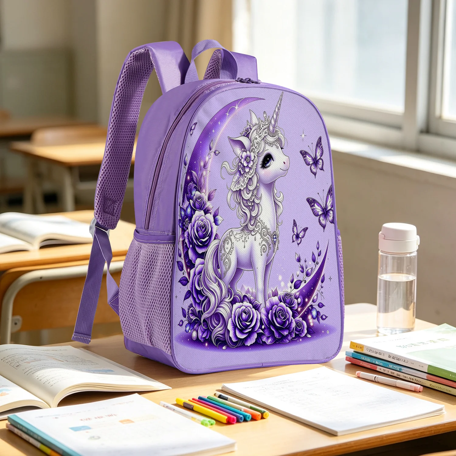 Elegant Purple Unicorn Backpack Lightweight School Bookbag with Rose Butterfly Moon Print Adjustable Padded Straps Travel