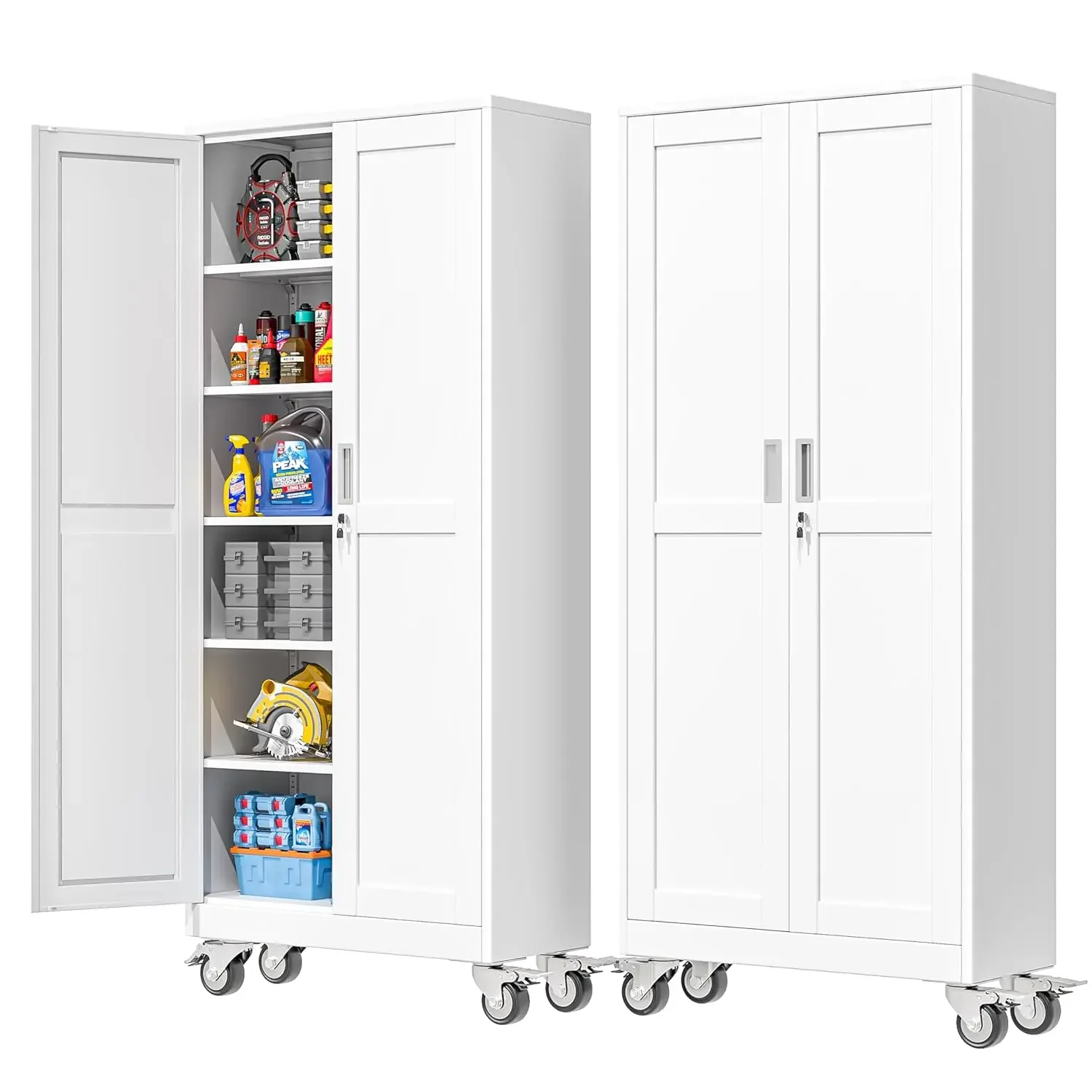 

75''H Metal Garage Storage Cabinet with Wheels,Steel File Cabinets with 2 Doors and 5 Adjustable Shelves for Home, Customized