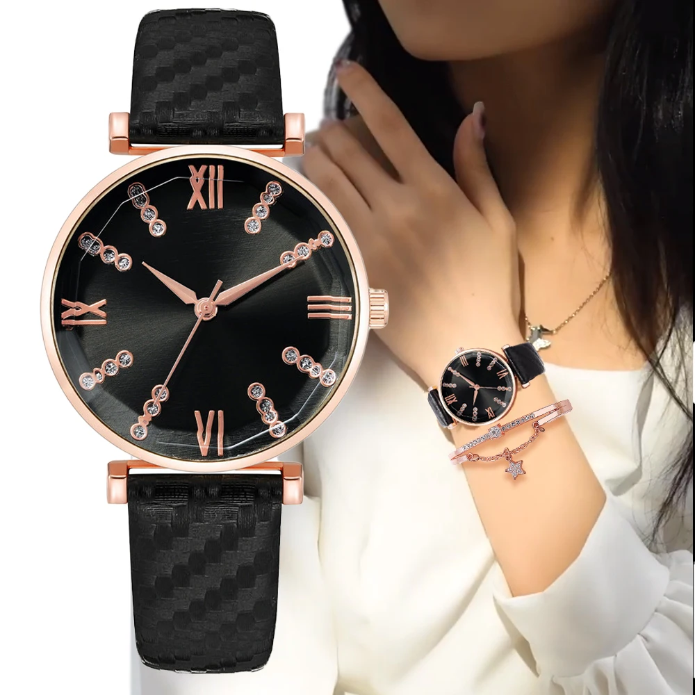 Lujo 2 piezas conjunto de las señoras de marca Relojes de moda número romano con diamantes Mujeres Reloj de cuarzo de cuero negro Relojes de pulsera