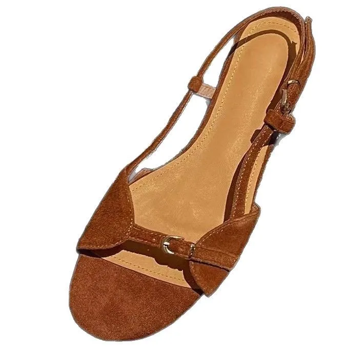 

2025 New Women's Brown Suede Flat Sandals with Buckle Strap - Retro French Style Open Toe Summer Shoes for Beach & Casual Wear