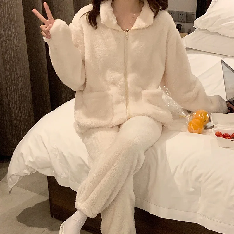 Korean Winter Pajamas For Women Plush Stand Collar Thickened Zipper Home Clothing Flannel Warm Sleepwear Set Pijama Mujer