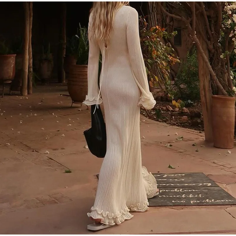 Vestido largo elegante de punto con dobladillo con volantes para mujer, vestido largo blanco con cuello redondo y manga larga acampanada, vestidos ceñidos sin espalda, batas de fiesta de noche