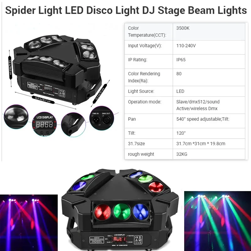 

AOPU LED Stage Light 9x10W RGBW DMX512 Beam Shaking Head DJ Party Disco Spider Light Hot Sale for Events And Performances