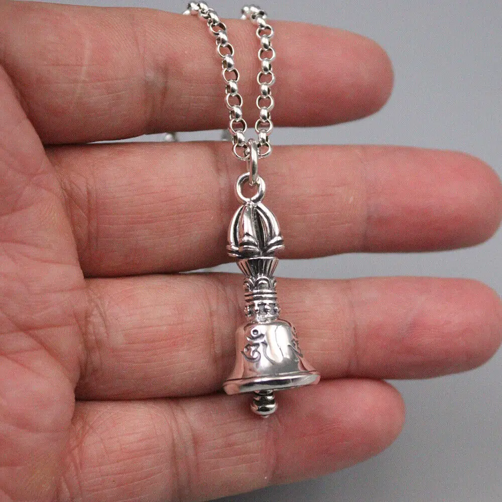 

Pure 925 Sterling Silver Vajra Bell 1.41" Pendant Rolo Link Chain 20"L