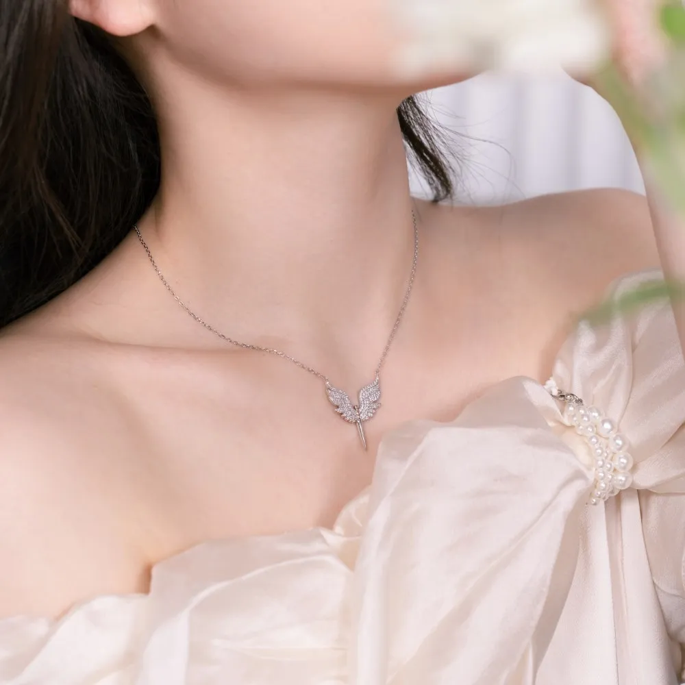 XUYUANFEN Japanese and Korean Light Luxury S925 Sterling Silver Necklace for Women with Unique Design Sense Wings, Scepter