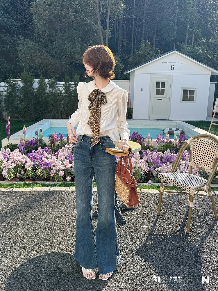 

Повседневные джинсы с высокой талией и расклешенными штанинами, женские эластичные брюки с широкими штанинами, весенне-осенний сезон, удобные длинные брюки на молнии