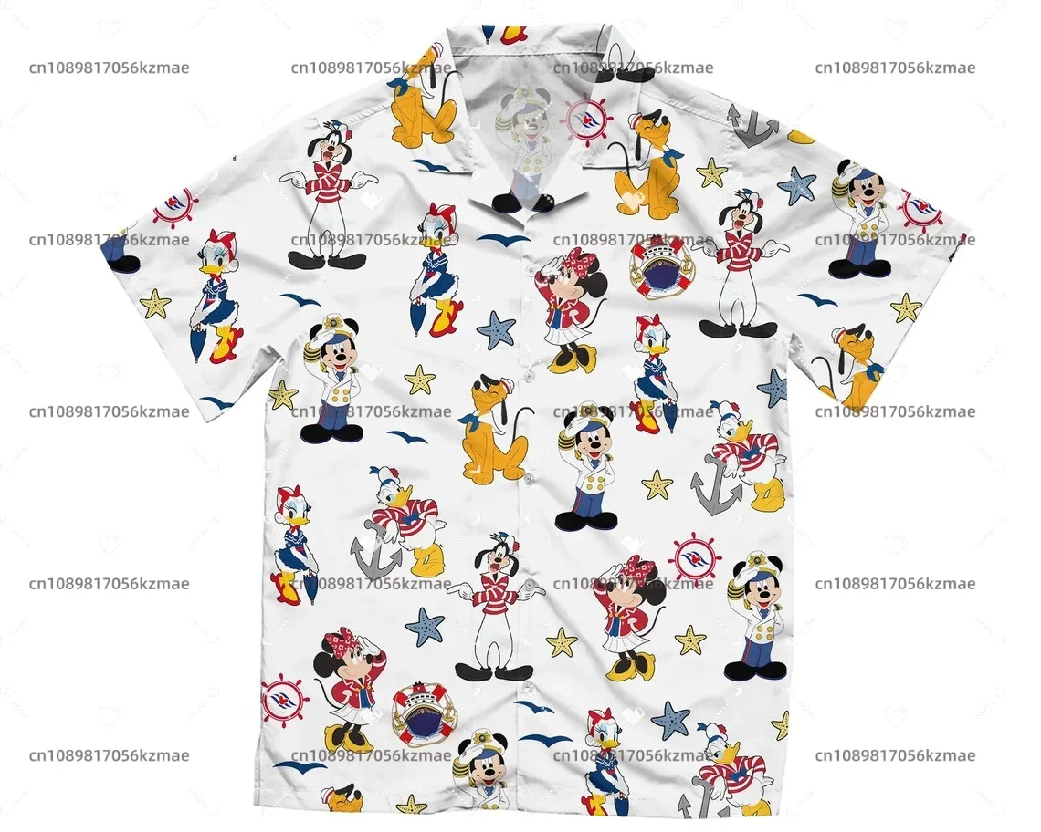 New Summer Disney Donald Duck and Friends Boys&Girls Seaside Vacation Hawaiian Button Cartoon Shirt KID/Adul Parent-Child Shirt