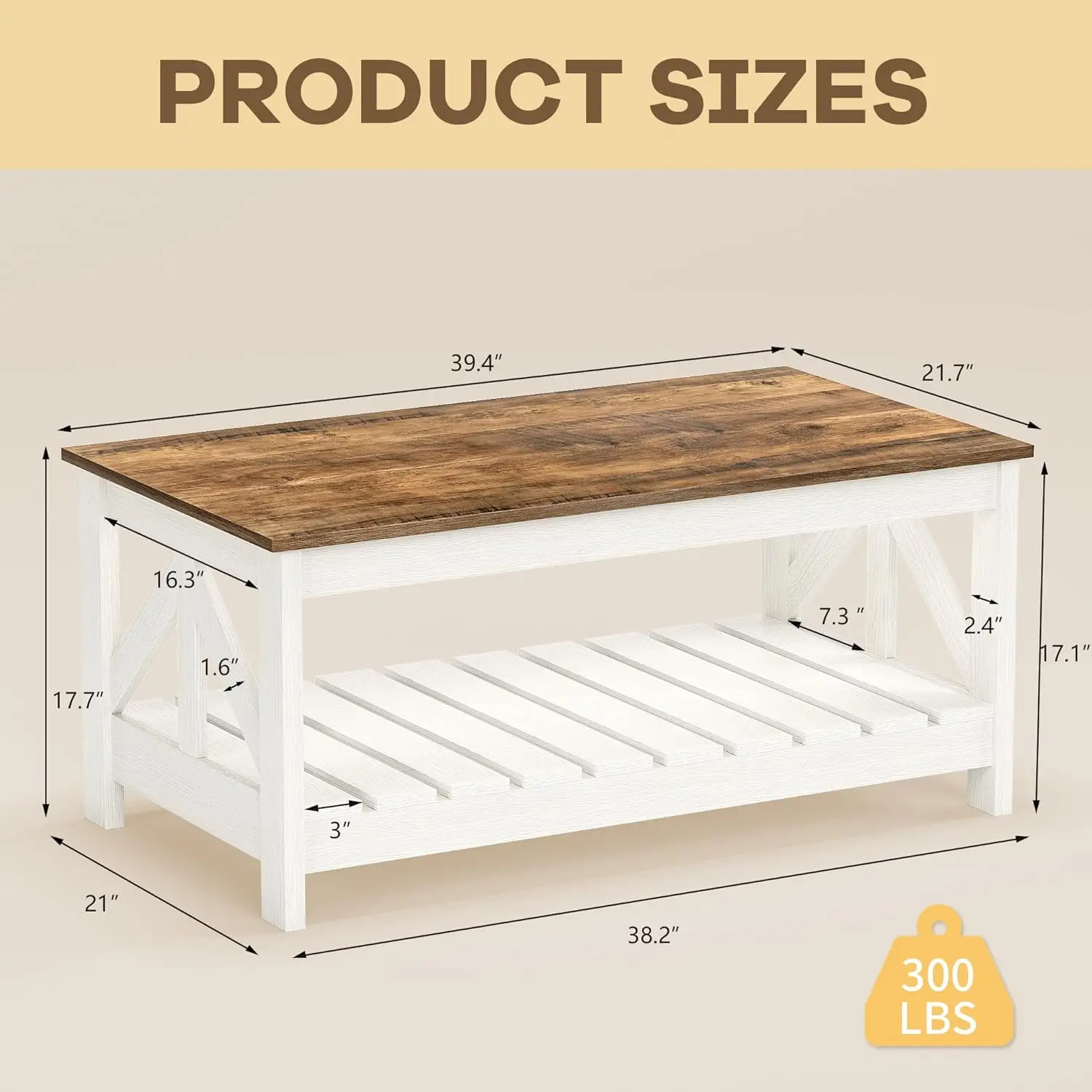 

39” Farmhouse Coffee Table for Living Room, 2-Tier Modern Living Room Table with Storage Shelf, Rustic Rectangular Center Table