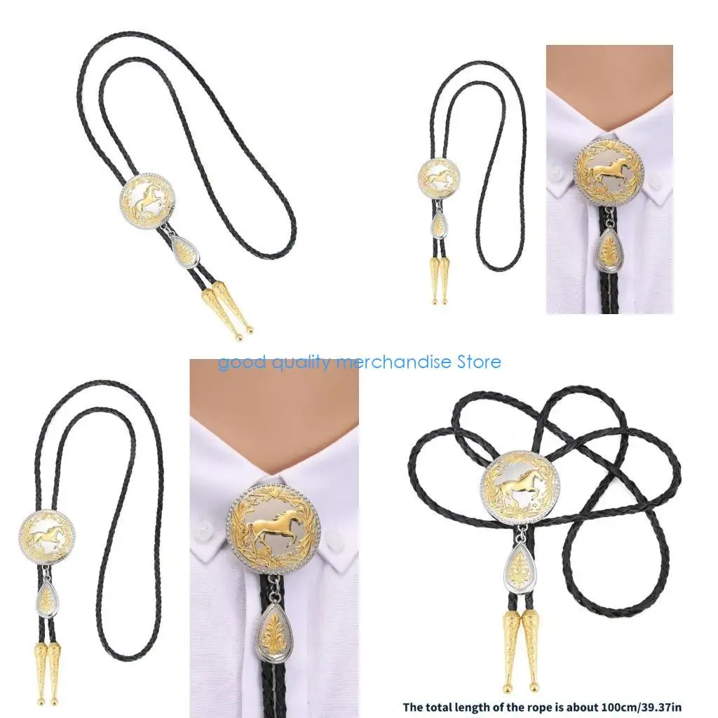 

Y5JD Регулируемый плетеный кожаный галстук-боло с металлической лошадью и подвеской в ​​стиле вестерн, винтажный галстук, шейный