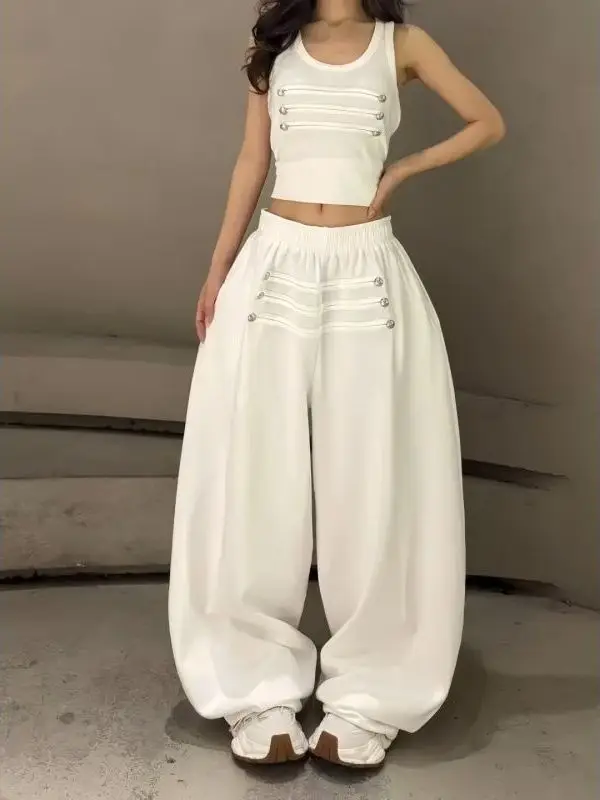 High Waist Wide Leg Pants Women's Loose Fit Casual Sporty Sweatpants Button Design Korean Style Autumn Winter plus Size