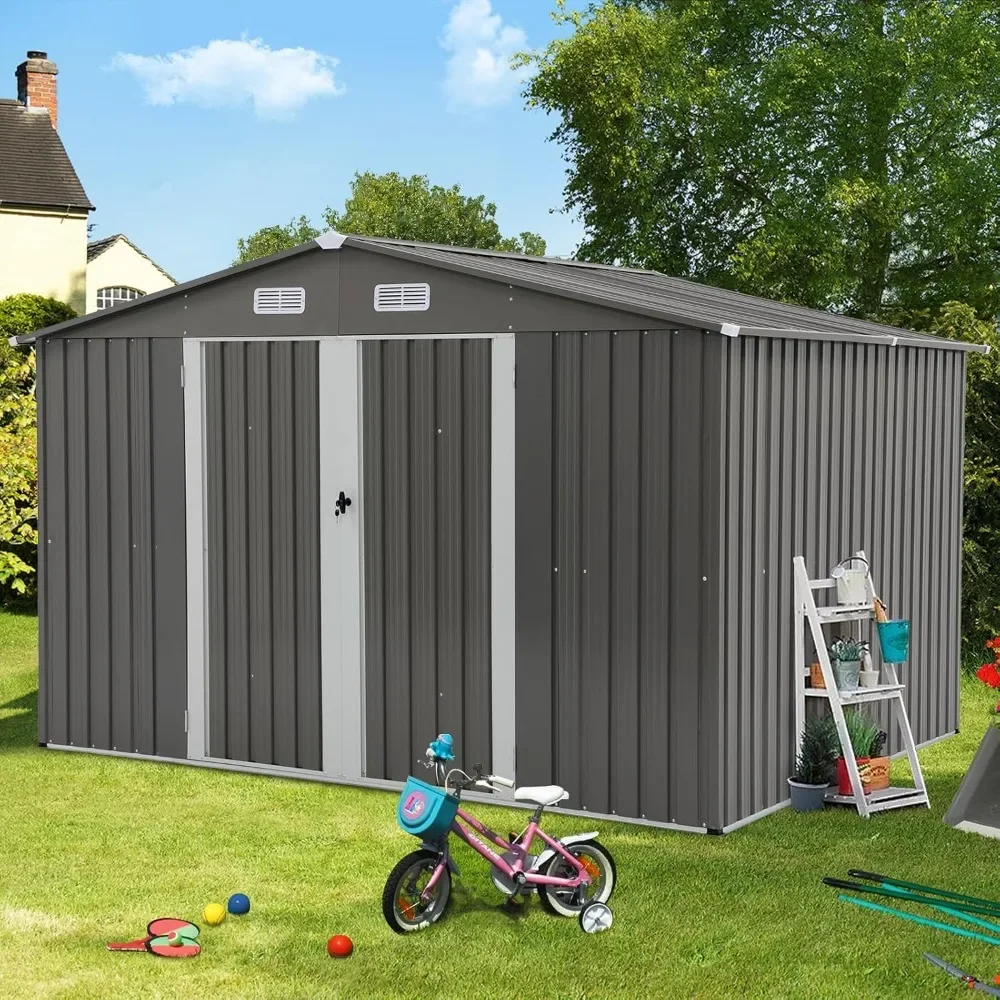 10x8 FT Outdoor Storage Shed, Galvanized Steel Metal Garden Shed, Double Door W/Lock, Outdoor Storage Tool House for Patio, Lawn