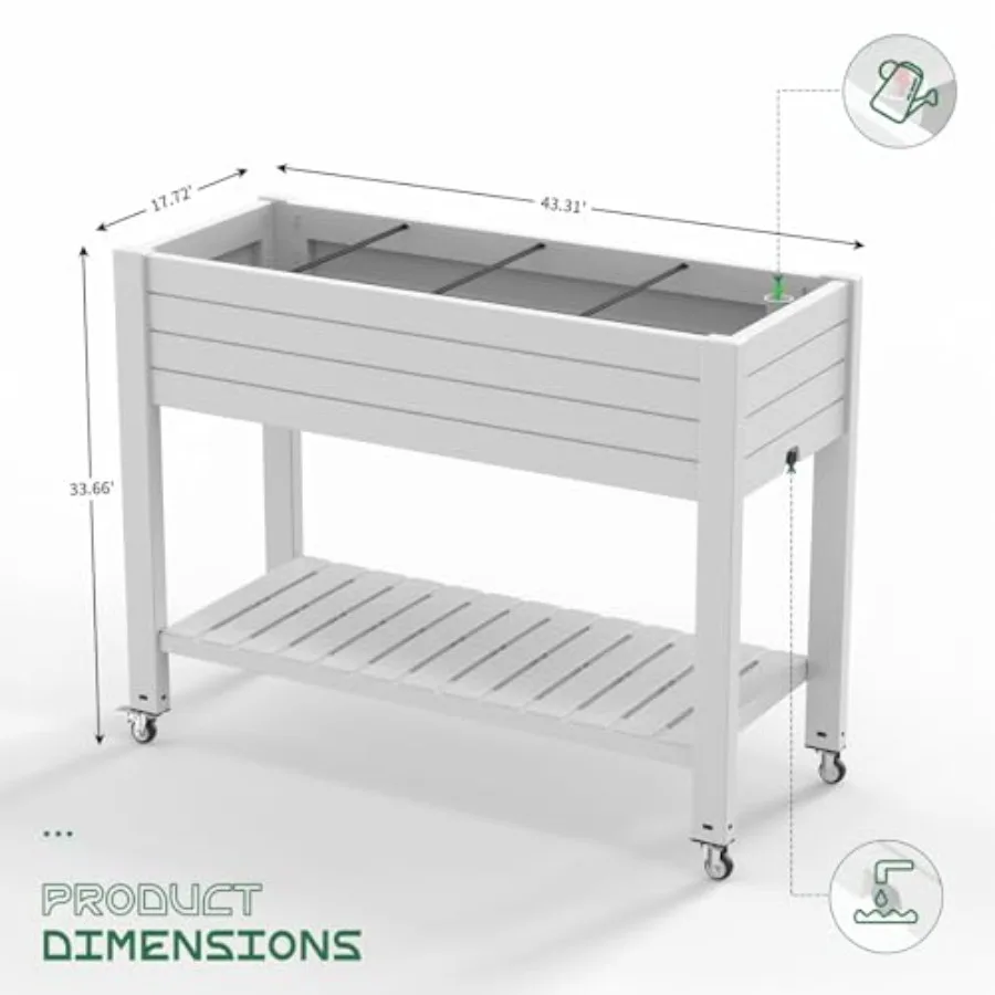 Elevated Raised Garden Bed, Outdoor Large Planter Box with Wheels and Shelf for Backyard Balcony, Dust-Proof Resin Patio Raised
