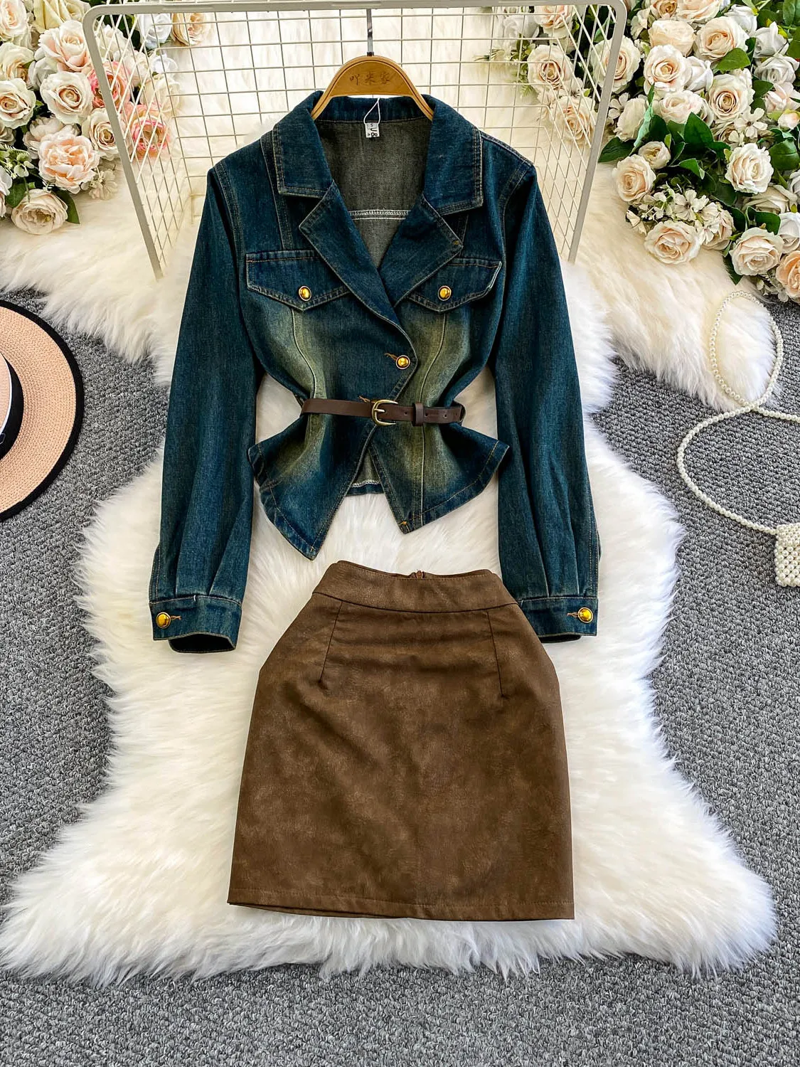 

Ретро Faion Metal Bule Slim Fit Suit Collar Denim Jaet And Velvet ort Юбка Комплект с высокой талией на пуговицах Long Sve Wome...