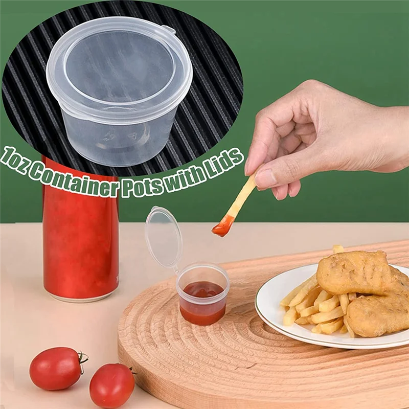 

B03C-300 X 1Oz Round Food Container Pots With Lids,Hinged Sauce Pots Reusable Jelly Shot Cups Small Deli Pot Restaurants