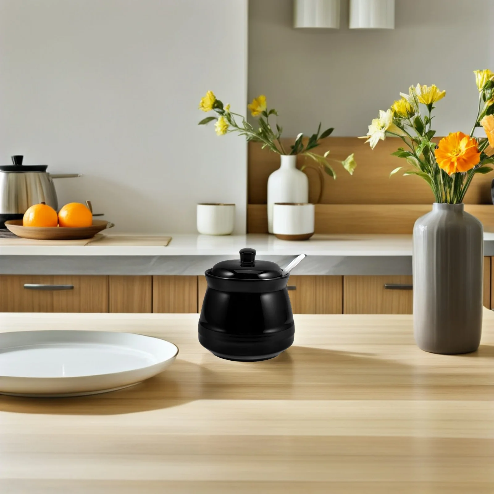 

Ceramic Sugar Jar 350ml Compact Lidded Container Spoon Kitchen Countertop Spice Storage Jar Creative Ceramic Sugar Dish