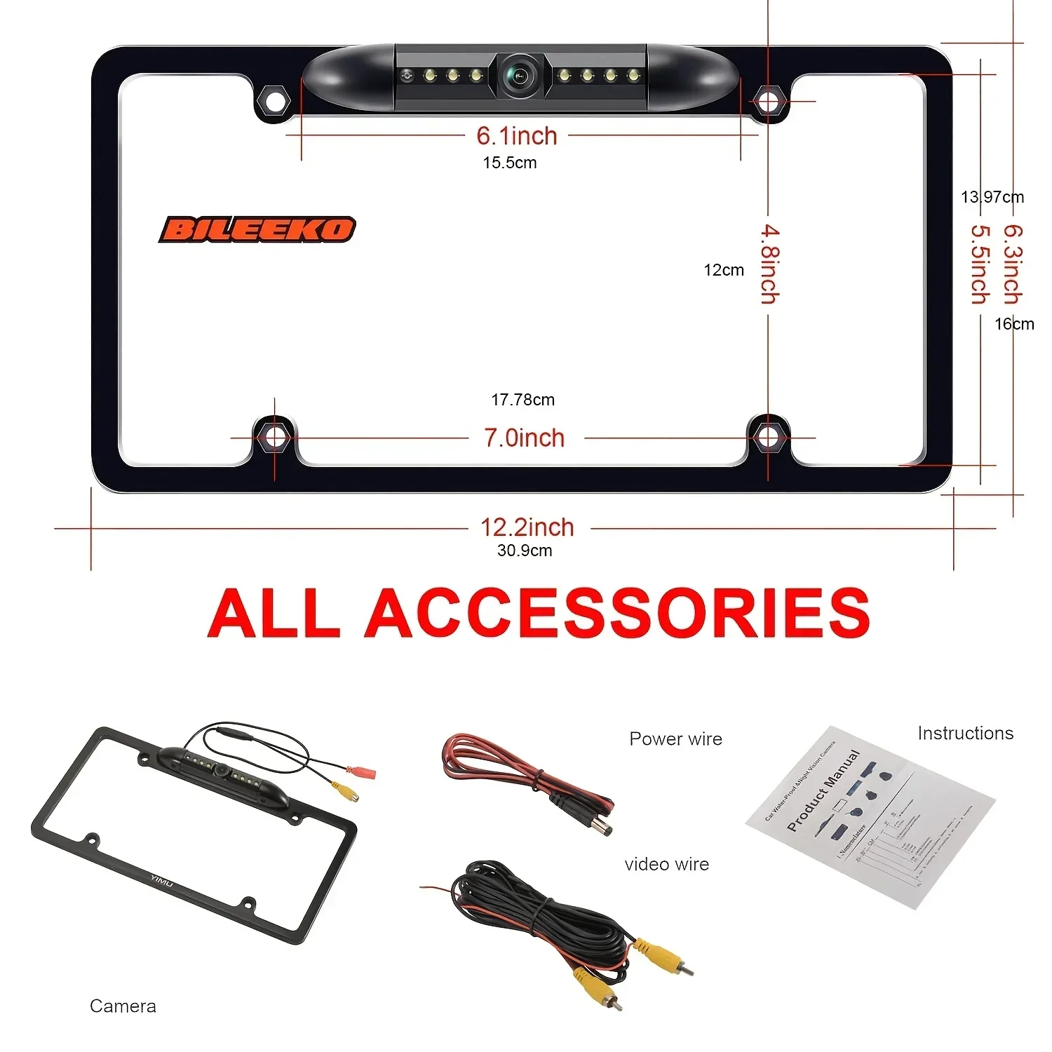 Bileeko US License Plate Frame Backup Camera - LED Night Vision Rear View Safety for Cars/SUVs/Trucks/Vans/RVs/Trailers