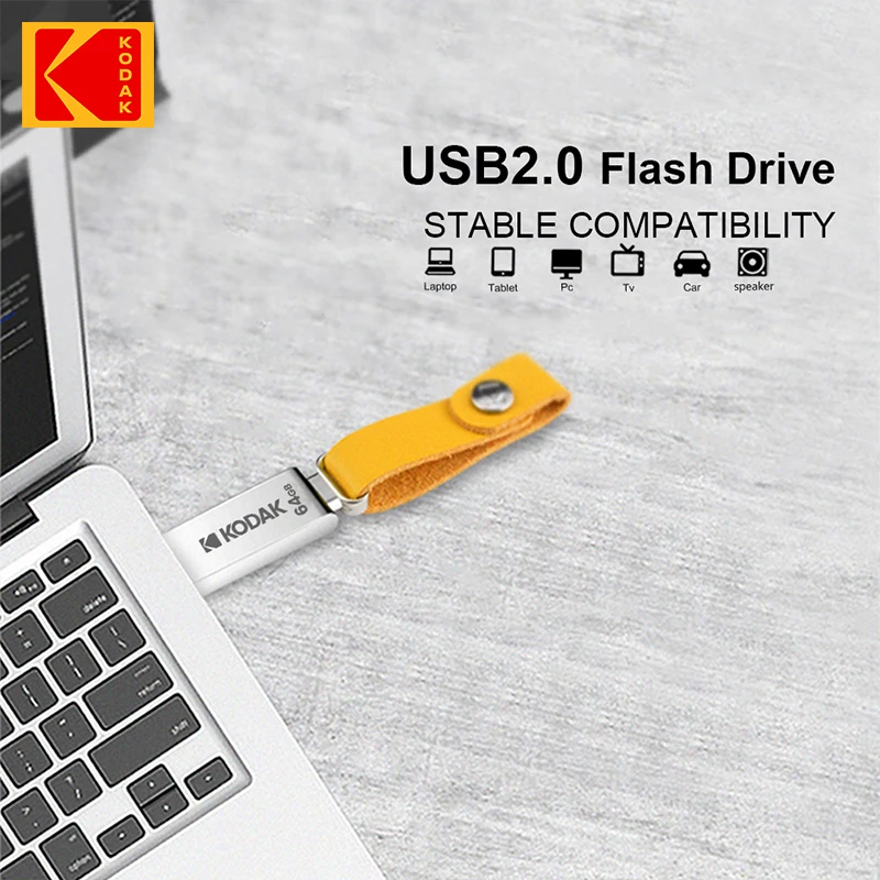 KODAK USB 2.0 Pen Drive 32 ГБ 64 ГБ 128 ГБ K122 Металлическая флэш-память USB2.0 с кожаным кольцом