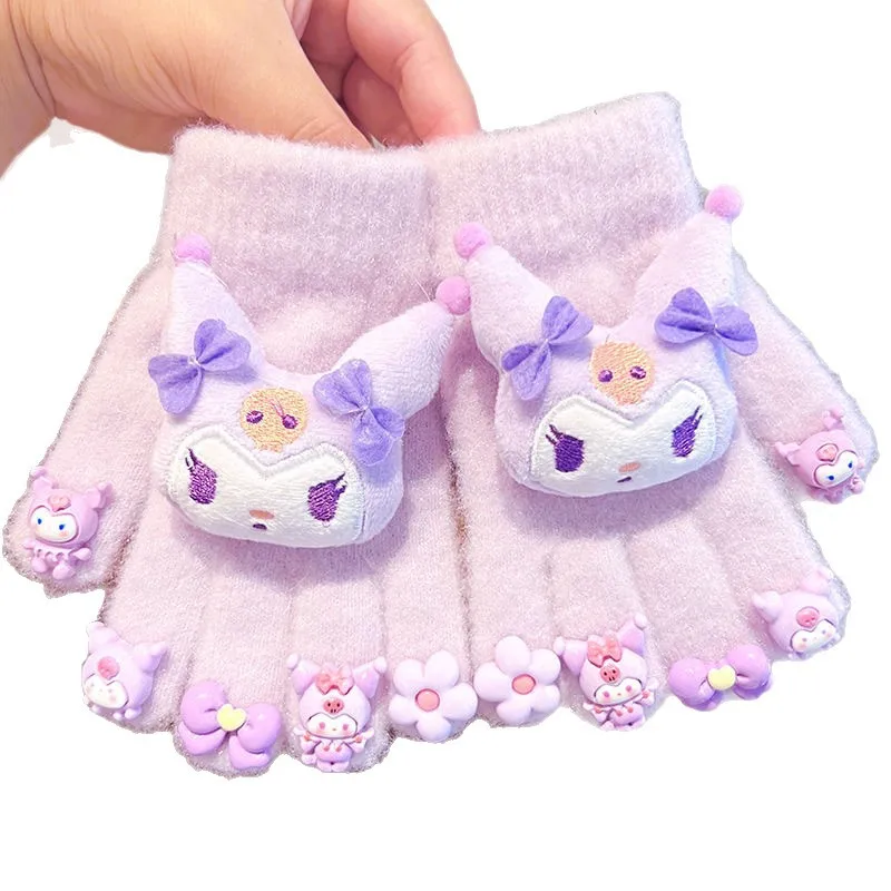 قفازات أصابع سانريو اللطيفة الدافئة والباردة من مينيسو للأطفال من عمر 3 إلى 6 سنوات، مجموعة كورومي بخمسة أصابع للفتيات في الشتاء