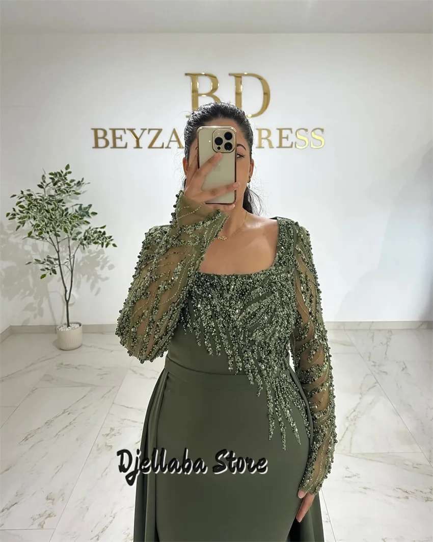 Robe de soirée de forme sirène, personnalisée, verte, luxe, perles, paillettes, robe de soirée de mariage, gants, robe de bal, 2025