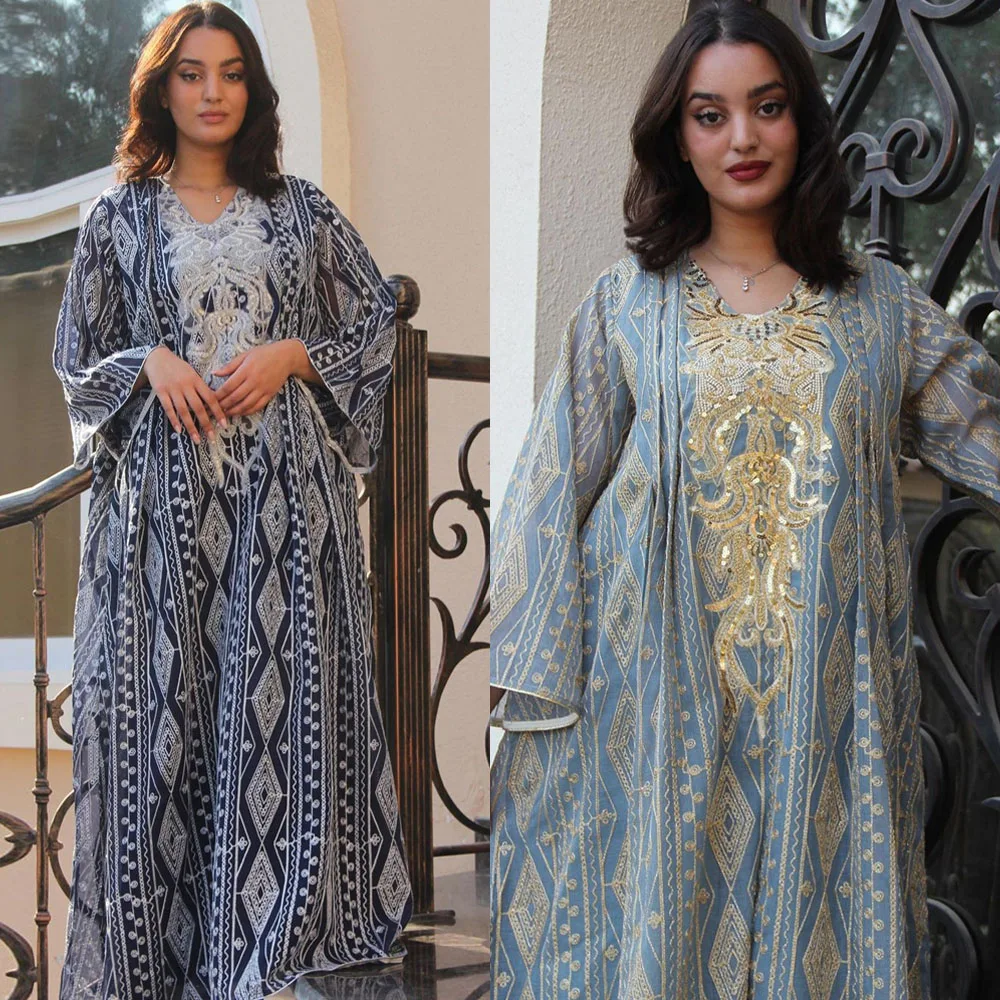 

Muslim Abaya Dress Dubai Ramadan Sequins Floral Embroidered Casual Loose Robe Moroccan Caftan Dresses For Women Jalabiya Evening