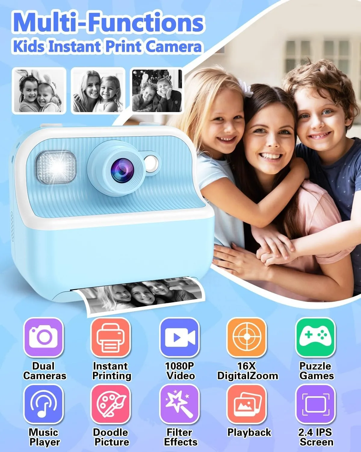 Kids Camera Instant Print, Christmas Birthday Gifts for Kids Age 3-12, HD Camera for Kids with Printing Photo Paper