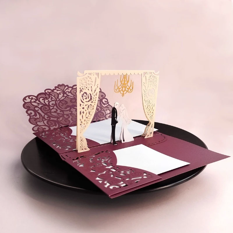 Imagem -05 - Personalizadas 3d Pop-up Cartão de Convite de Casamento Tri-fold Laser Borgonha Bolso Noiva e Noivo Cartão de Convite Ic162 50 Peças