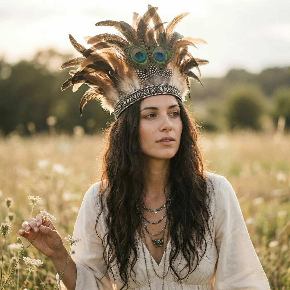 

Colorful Indian Feather Crown Headpiece With Strap Indian Headband Fascinator Hair Accessories Peacock Costume Headdress