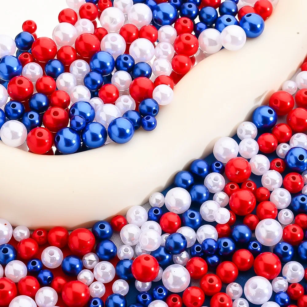 6/8/10mm Artificial Pearl Round Acrylic Beads in Red, White Blue Colors for Independence Day Jewelry Making Bracelet  Necklace