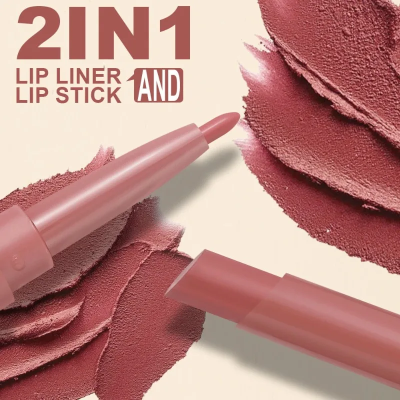 2 in 1 Lip Liner and Lipstick Pen Easy To Color Waterproof Long Lasting Red Nude Matte Lip Liner for Daily Outline Stick Makeup