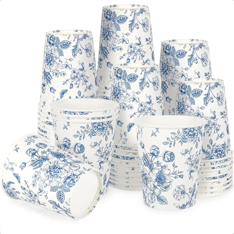 

50Pcs Floral Paper Cups 9oz Blue White Flowers Cups Floral Party Drinking Cups for Cold Hot Drinks Party plies