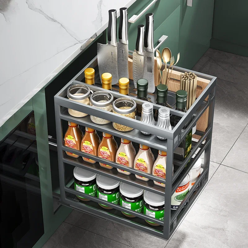 

Seasoning Seasoning Basket Kitchen Cabinet Double Drawer Bowl Basket Narrow Cabinet Storage Seasoning Rack Space Aluminum Shelf