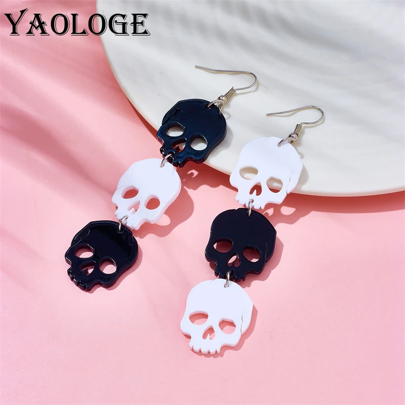 YAOLOGE Acrylic Halloween Black White Skull Long Tassel Drop Earrings For Women New Girls Wacky Ear Jewelry Party Festival Gifts