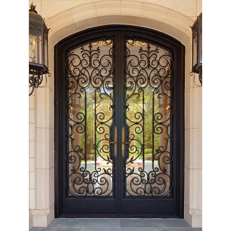 

Customized Size Exterior Double Glass Metal Security Steel Wrought Iron Double Front Entry Doors