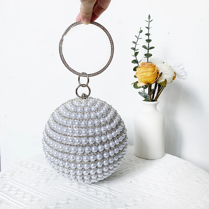 女性のための豪華なパールボールハンドバッグ,きらびやかなクリスタルのラインストーン,丸いイブニングハンドバッグ,きらびやかなシルバーのパーティー財布,トップファッション