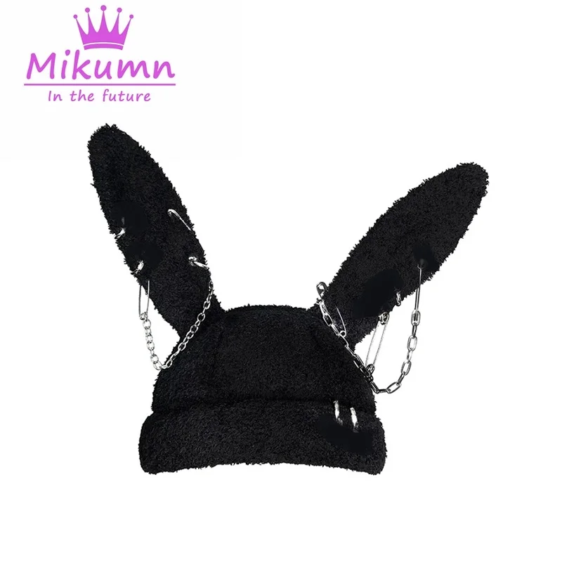 Gothic Grunge Rabbit Ear Hat Harajuku Y2k Punk Chain Pin Metal Ring Lambswool Black Hat Women Girls Winter Warm Chic Streetwear