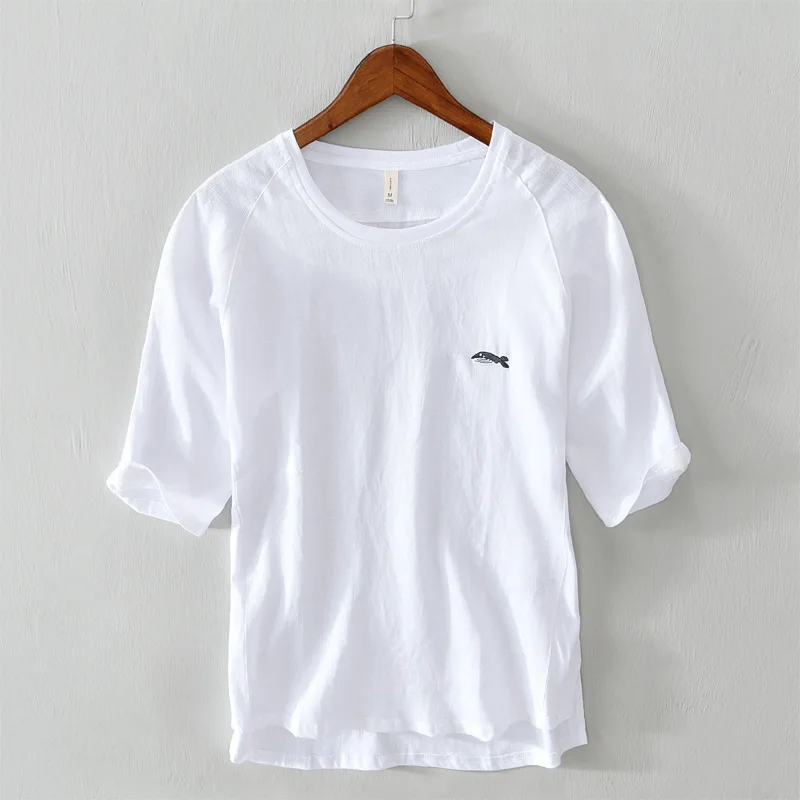 2026 Cotton and Linen Patchwork Short Sleeve T-shirt for Men Summer Fashion Dolphin Embroidery Healthy Breathable Tee Top Male