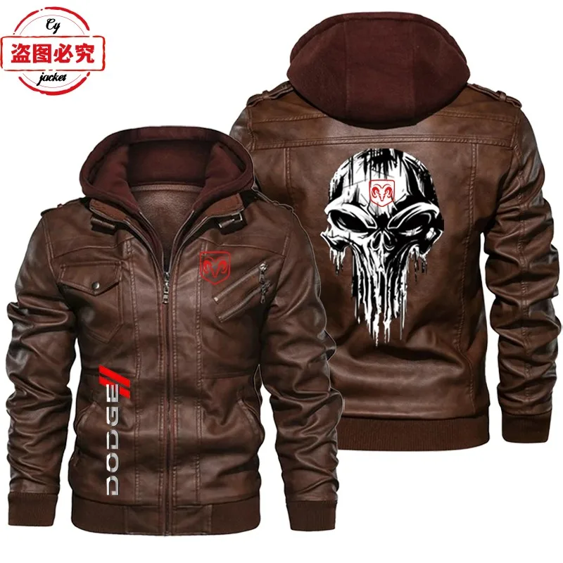 Dodge car logo leather jacket retro washed pu leather jacket windproof men's hooded jacket dodge racing suit team suit